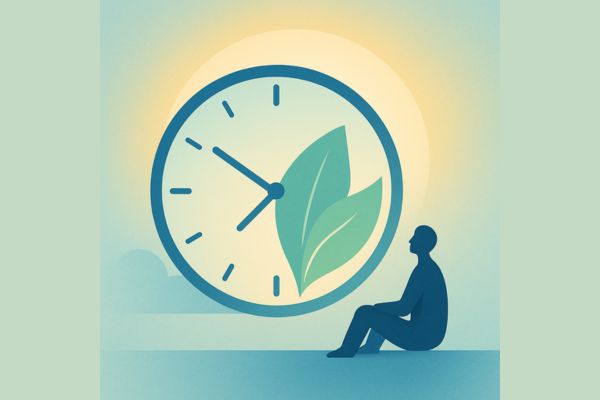 Ilustrasi jam minimalis yang berubah menjadi daun, melambangkan keseimbangan antara empat hari kerja dan waktu untuk hidup.