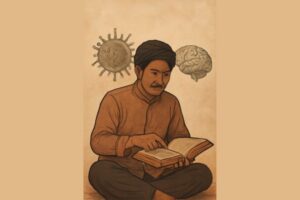 A Southeast Asian man reading a traditional book with symbolic illustrations of a T cell and brain behind him.