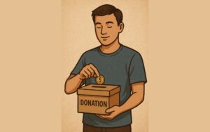 Seorang pria memasukkan uang ke dalam kotak sumbangan sebagai simbol kebaikan yang ikhlas.