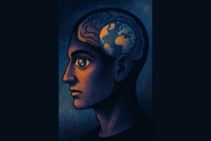 Ilustrasi konseptual wajah manusia dengan otak dan mata yang memantulkan dunia, melambangkan persepsi dan realitas yang dibentuk oleh pikiran.