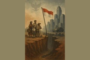 Ilustrasi editorial semi-realistik menggambarkan jurang besar yang memisahkan rakyat kecil di sisi kiri dan kemewahan kota di sisi kanan. Di tengah jurang, bendera merah putih berkibar di atas tiang bengkok dengan akar menancap di tanah rakyat kecil. Langit terbelah dua, pagi cerah di sisi rakyat, mendung kelabu di sisi kota, melambangkan ketimpangan sosial dan janji kemerdekaan yang belum terwujud.