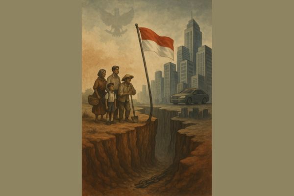 Ilustrasi editorial semi-realistik menggambarkan jurang besar yang memisahkan rakyat kecil di sisi kiri dan kemewahan kota di sisi kanan. Di tengah jurang, bendera merah putih berkibar di atas tiang bengkok dengan akar menancap di tanah rakyat kecil. Langit terbelah dua, pagi cerah di sisi rakyat, mendung kelabu di sisi kota, melambangkan ketimpangan sosial dan janji kemerdekaan yang belum terwujud.
