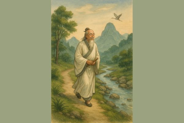 Laozi berjalan perlahan di jalan pegunungan dengan kabut lembut dan sungai mengalir, menggambarkan filosofi hidup selaras dengan alam dan prinsip Tao.