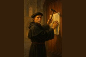 Martin Luther menempelkan 95 Tesis di pintu Gereja Wittenberg, menggambarkan momen awal Reformasi Gereja yang mengubah sejarah dunia.