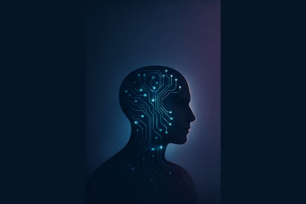 Silhouette futuristik kepala manusia yang diisi dengan pola jalur sirkuit bercahaya biru, dengan latar gradasi gelap bernuansa ungu dan biru yang memberikan kesan teknologi dan masa depan.