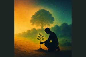 Siluet seorang manusia berlutut di tanah tandus, menanam bibit kecil yang memancarkan cahaya lembut keemasan. Di belakangnya, hamparan hutan hijau tumbuh subur di bawah langit senja berwarna oranye dan hijau kebiruan. Cahaya hangat dari pohon muda melambangkan harapan dan kehidupan baru yang tumbuh dari kesunyian.