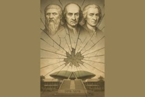 Potret semi-realistis Plato, Hobbes, dan Rousseau di atas cermin retak yang memantulkan gedung parlemen Indonesia, melambangkan jurang antara idealisme klasik dan realitas politik modern.