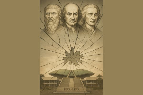 Potret semi-realistis Plato, Hobbes, dan Rousseau di atas cermin retak yang memantulkan gedung parlemen Indonesia, melambangkan jurang antara idealisme klasik dan realitas politik modern.