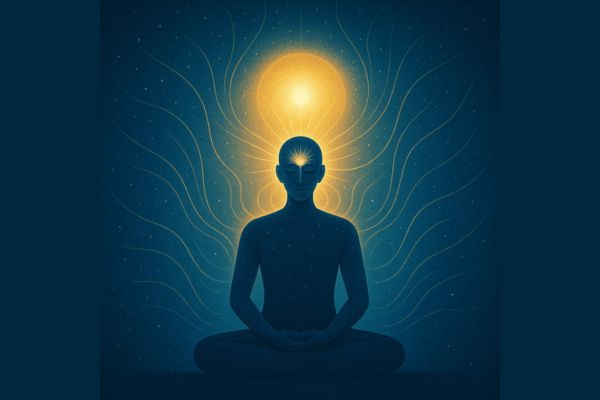 Ilustrasi spiritual bergaya futuristik menampilkan sosok manusia duduk bersila dalam posisi meditasi, diselimuti cahaya keemasan yang memancar dari kepala dan jantungnya. Latar belakang biru gelap bertabur bintang menggambarkan alam semesta, dengan garis-garis cahaya halus menyatu di sekeliling sosok itu, melambangkan kesatuan antara manusia, alam, dan kesadaran Ilahi.