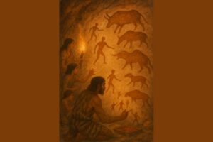 Manusia purba melukis figur hewan dan manusia dengan oker merah di dinding gua yang diterangi cahaya obor, menggambarkan momen lahirnya seni cadas prasejarah.