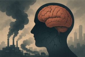 Ilustrasi siluet kepala manusia dengan otak yang tampak retak, dikelilingi polusi udara dari pabrik dan kendaraan.