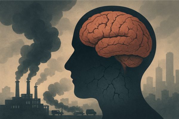 Ilustrasi siluet kepala manusia dengan otak yang tampak retak, dikelilingi polusi udara dari pabrik dan kendaraan.