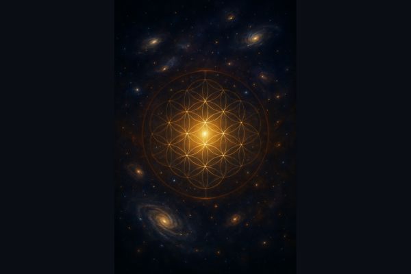 Golden Flower of Life symbol glowing at the center of a deep cosmic nebula filled with galaxies and stars.