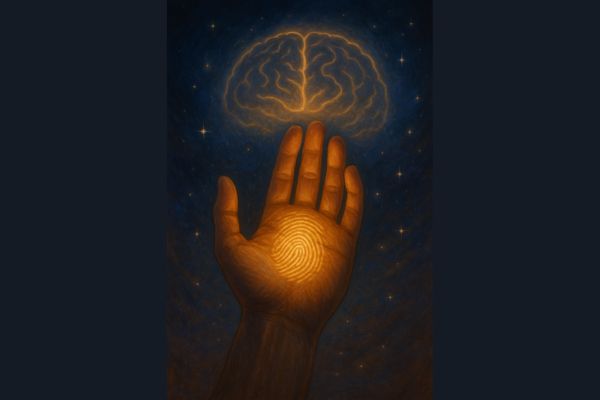Sidik jari bercahaya keemasan muncul dari telapak tangan manusia yang terbuka di bawah langit malam berbintang, dengan cahaya biru lembut membentuk pola otak manusia, melambangkan hubungan antara identitas, kesadaran, dan spiritualitas.