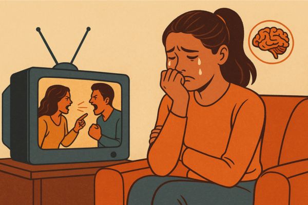 Ilustrasi seorang perempuan yang tampak cemas saat menonton adegan pertengkaran di televisi, menggambarkan dampak emosional sinetron pada penonton.