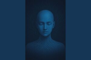 Ilustrasi digital bergaya futuristik menampilkan wajah manusia androgini berwarna biru dengan mata terpejam. Dari kepala dan tubuhnya menyebar pola sirkuit bercahaya biru, melambangkan koneksi antara kesadaran manusia dan teknologi.