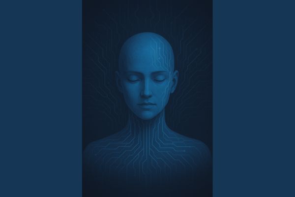 Ilustrasi digital bergaya futuristik menampilkan wajah manusia androgini berwarna biru dengan mata terpejam. Dari kepala dan tubuhnya menyebar pola sirkuit bercahaya biru, melambangkan koneksi antara kesadaran manusia dan teknologi.