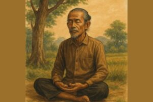 Seorang lelaki tua Jawa duduk bersila di bawah pohon besar dengan mata terpejam, mengenakan baju cokelat dan celana hitam, dalam suasana pedesaan yang tenang dengan langit keemasan.
